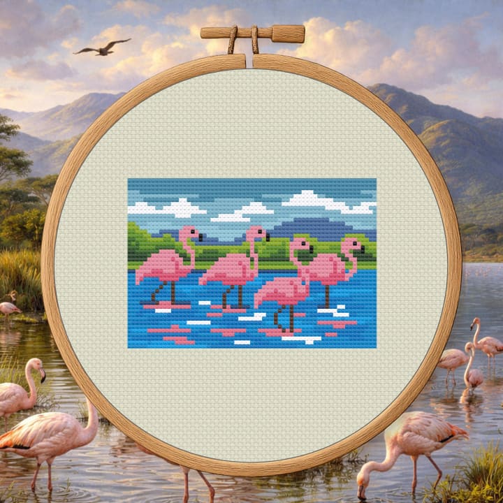 Flamingo Parade – Pink Flamingo cross-stitch pattern preview