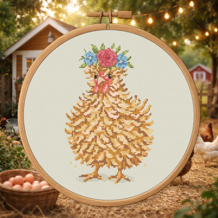 Floral Farm Chicken – Flower Crown Chicken cross-stitch pattern preview