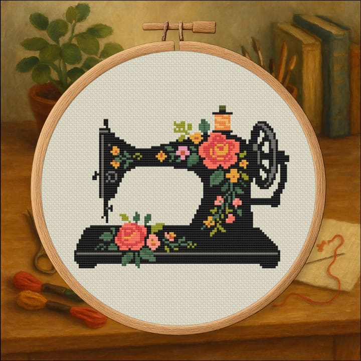 Floral Sewing Machine – Vintage cross-stitch pattern preview