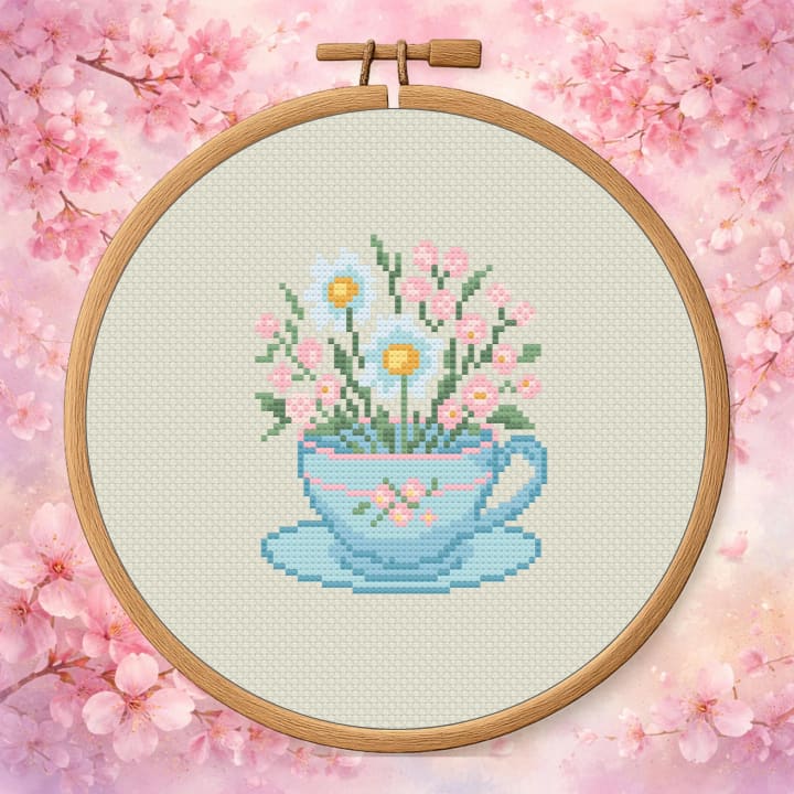 Floral Teacup Bouquet – Spring Flowers cross-stitch pattern preview