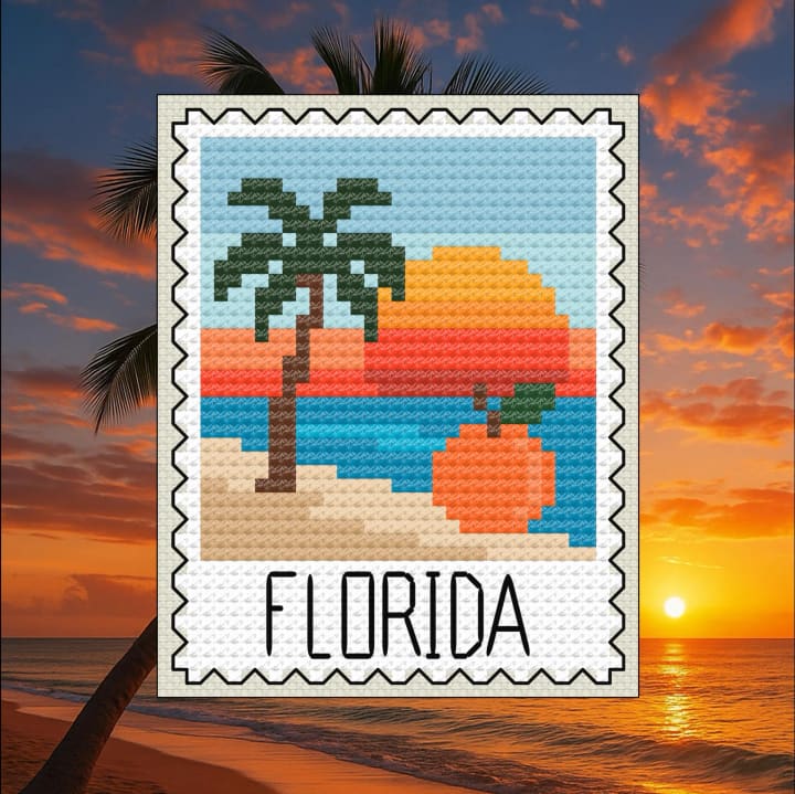 Florida Stamp - Orange & Tropical Scene cross-stitch pattern preview