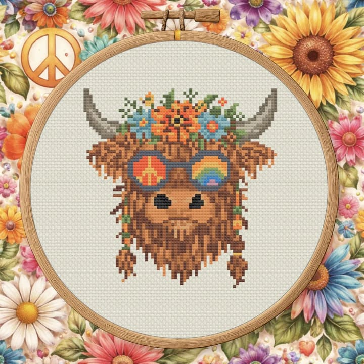 Flower Child Highland – Boho Highland Cow cross-stitch pattern preview