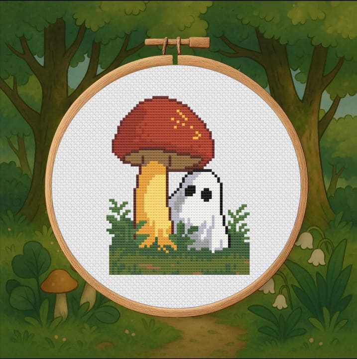 Forest Friend – Ghost & Mushroom cross-stitch pattern preview