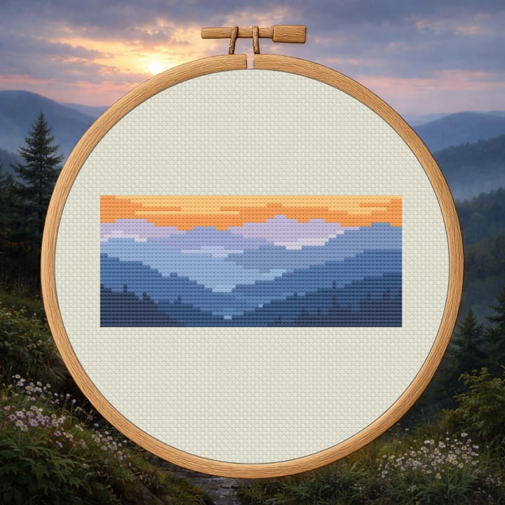 Forest Scene – Blue Mountains – Sunset Mountain Landscape cross-stitch pattern preview