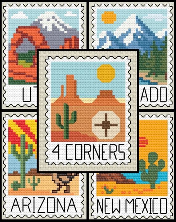 Four Corners Bundle: Southwest US Postage Stamps ( Set cross-stitch pattern preview