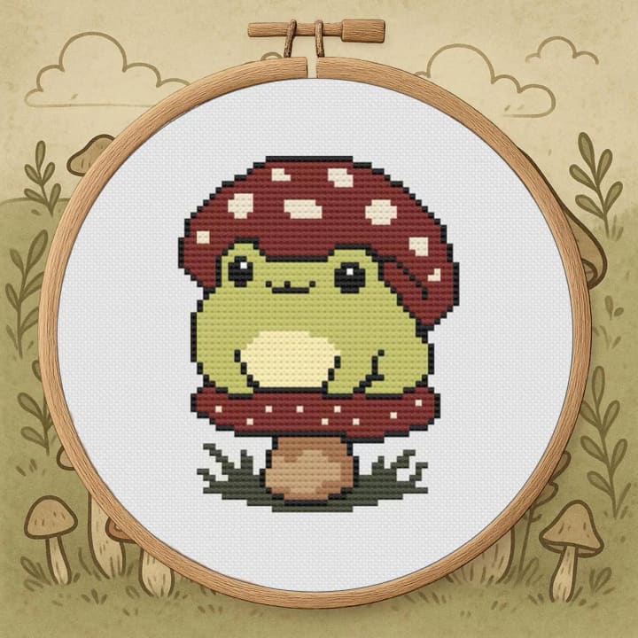 Frog on Mushroom cross-stitch pattern preview