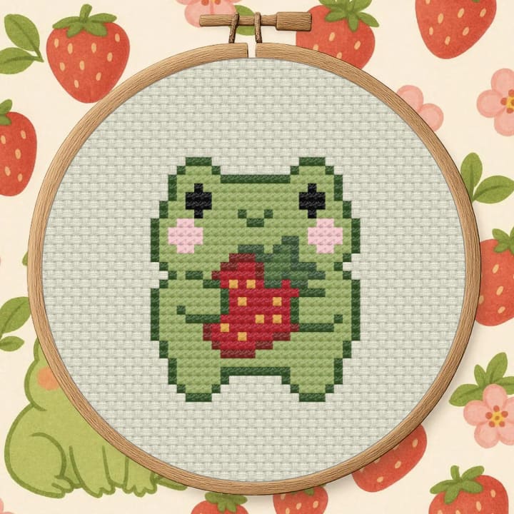 Frog with Strawberry – Cute Kawaii Design cross-stitch pattern preview