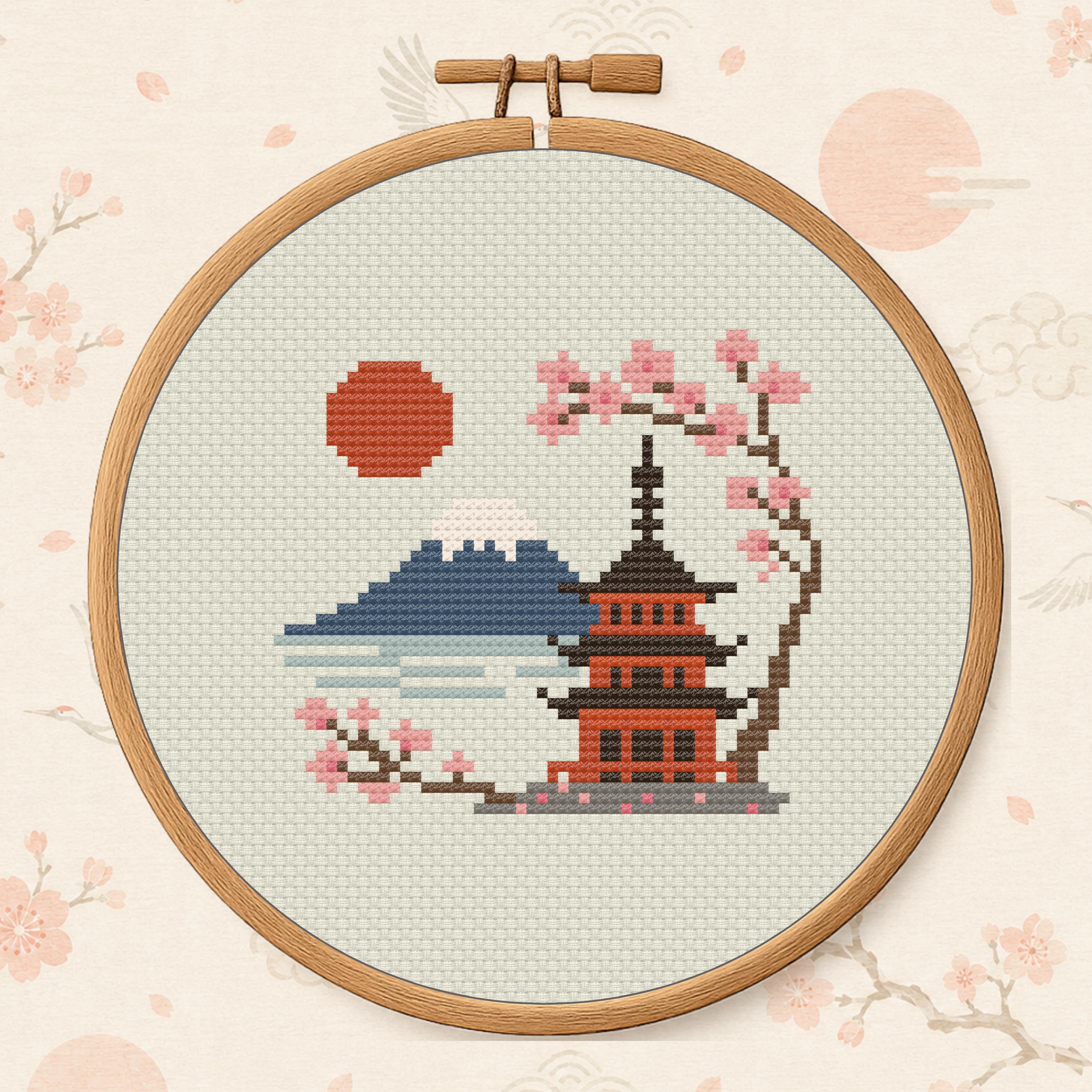 Fuji Pagoda Cross Stitch Pattern PDF - Japan Travel Design cross-stitch pattern preview