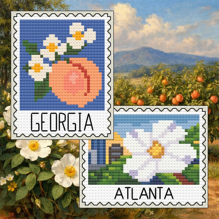 Georgia Cross Stitch Bundle: Peach Orchard Stamp + Atlanta Cherokee Rose Stamp cross-stitch pattern preview