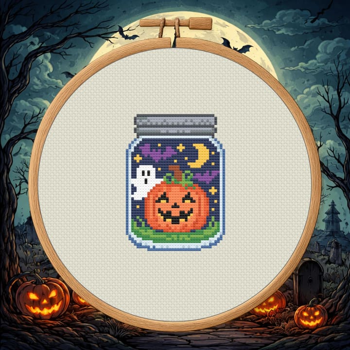 Ghost & Jack-O’-Lantern Jar – Halloween cross-stitch pattern preview