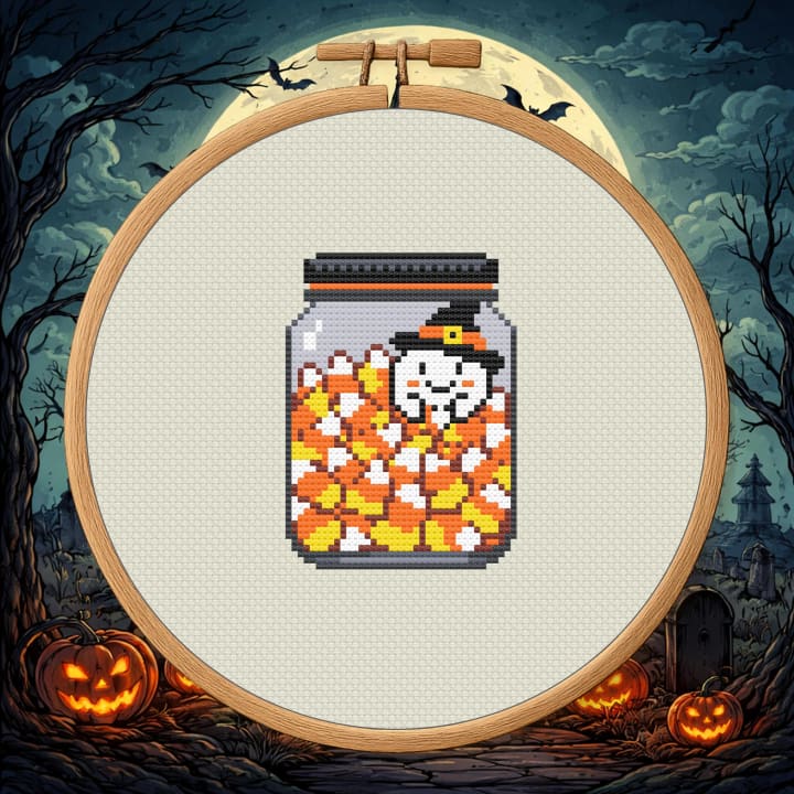 Ghost in Jar – Halloween Candy Corn Ghost cross-stitch pattern preview