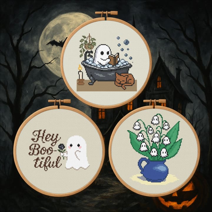 Ghostly Delights Trio – Halloween Bundle cross-stitch pattern preview