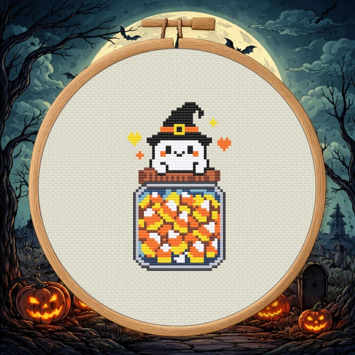 Ghostly Mason Jar – Halloween Candy Corn Jar cross-stitch pattern preview