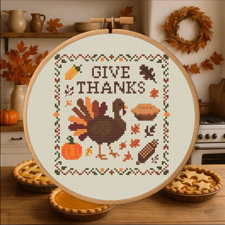 Give Thanks – Thanksgiving Turkey cross-stitch pattern preview