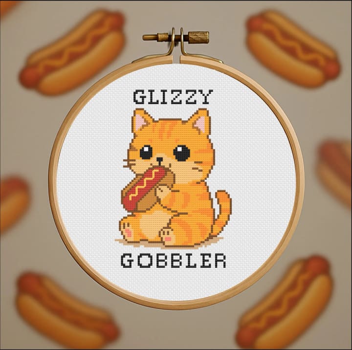 Glizzy Gobbler Cat – Hot Dog cross-stitch pattern preview