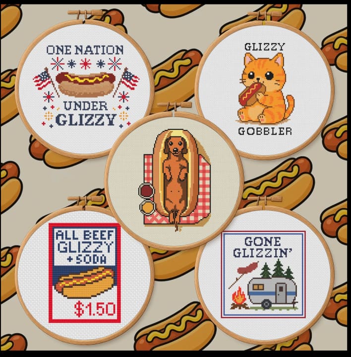 Glizzy Stitch 5-Pack – Funny Hot Dogs cross-stitch pattern preview