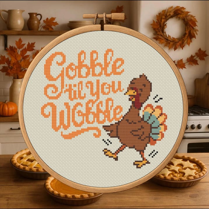 Gobble Til You Wobble – Thanksgiving cross-stitch pattern preview