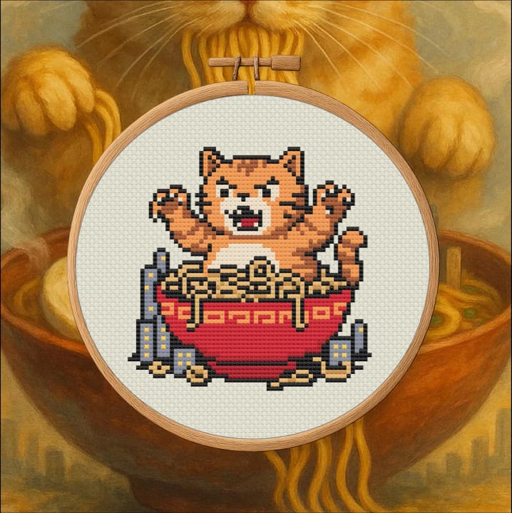 Godzilla Ramen Cat – Japan cross-stitch pattern preview