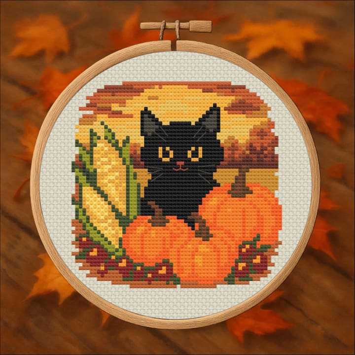 Golden Harvest Cat – Autumn Black Cat cross-stitch pattern preview