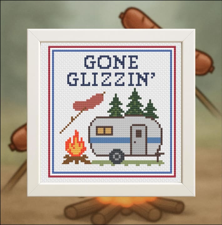 Gone Glizzin’ – Camping Trailer – Campfire – Hot Dog cross-stitch pattern preview