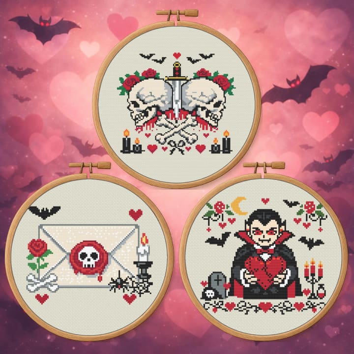 Gothic Valentine Legends Bundle – Skull Love, Vampire Heartbreak & Love Letters cross-stitch pattern preview