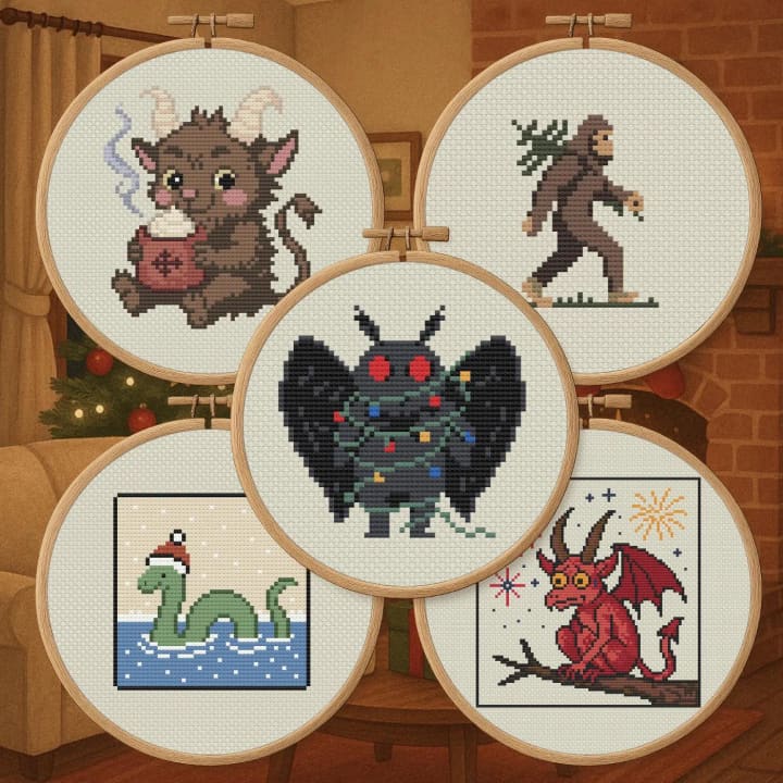 Gothmas Cryptid & Pines Cross Stitch 5 Pattern Bundle – Bigfoot, Loch Ness, Mothman, Krampus and Legend of the Pines cross-stitch pattern preview