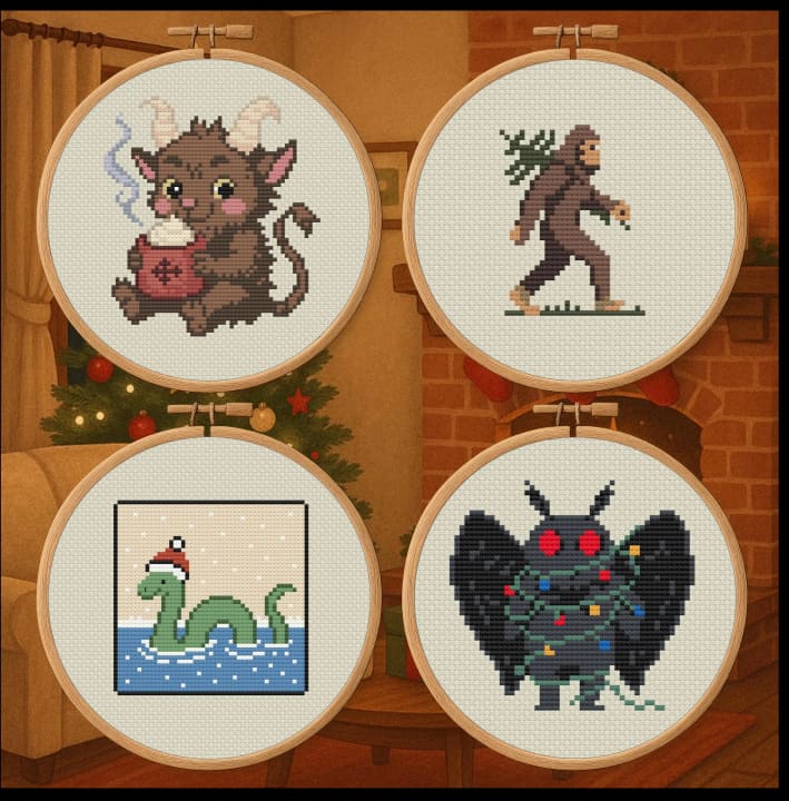 Gothmas Cryptid Bundle: Bigfoot, Loch Ness, Mothman, Krampus cross-stitch pattern preview