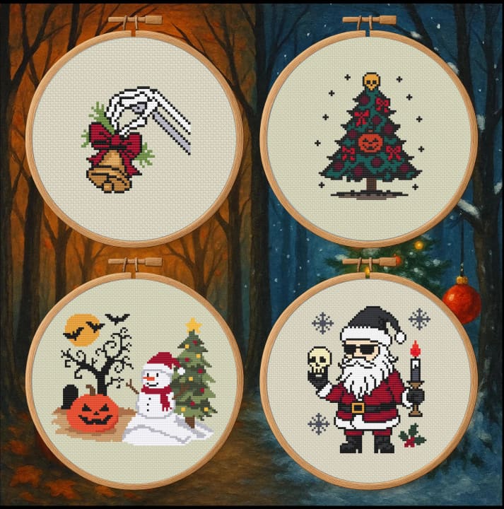 Gothmas Holiday Bundle – Haunted to Holly, Macabre Bells, Gothmas Tree & Gothmas Santas cross-stitch pattern preview