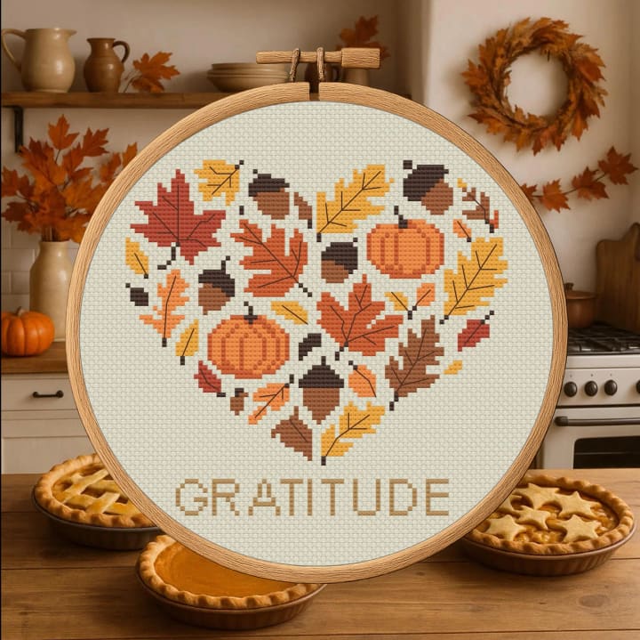 Gratitude in Stitches – Autumn Heart cross-stitch pattern preview