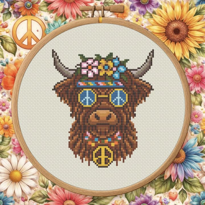 Groovy Highland Cow – Hippie Highland Cow cross-stitch pattern preview