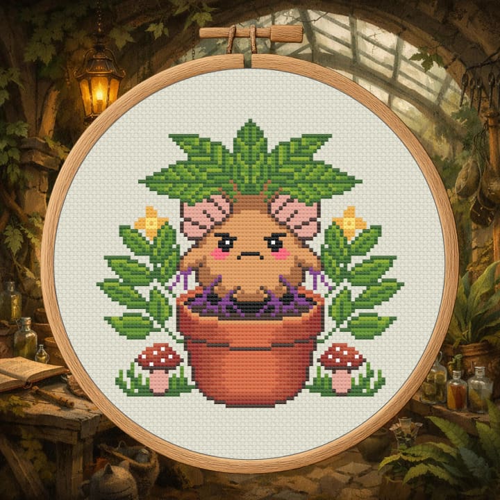 Grumpy Little Mandrake – Cute Witchy Plant cross-stitch pattern preview