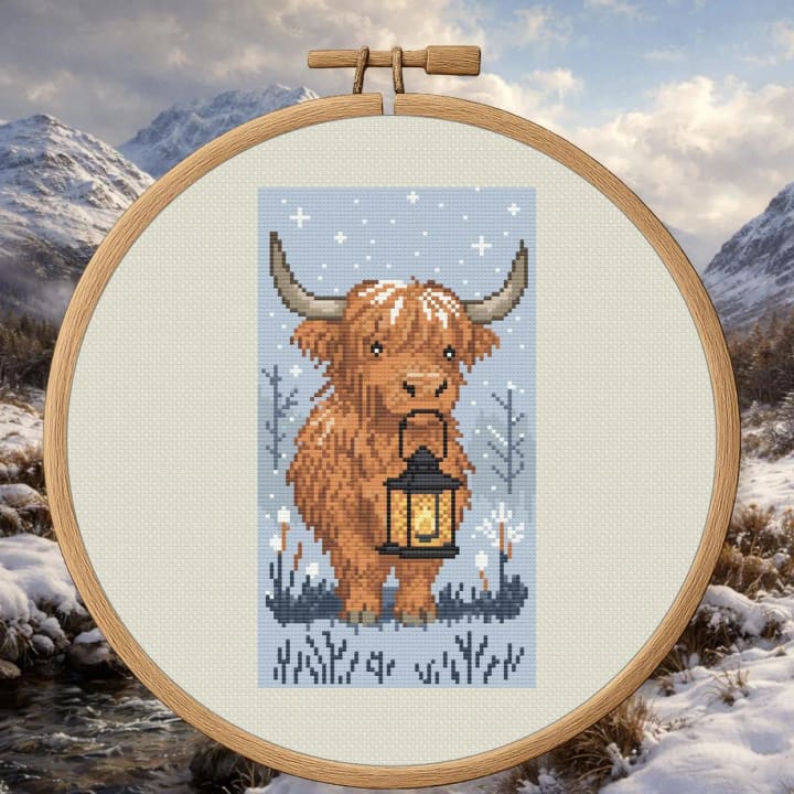 Guiding Light in the Highlands – Highland Cow Lantern cross-stitch pattern preview