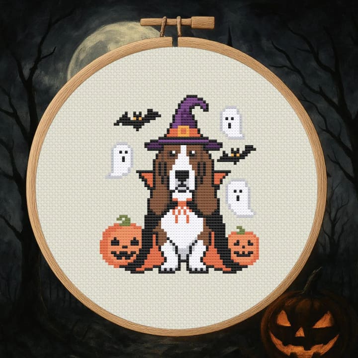 Halloween Boo-sset Hound – Spooky Basset Hound Dog cross-stitch pattern preview