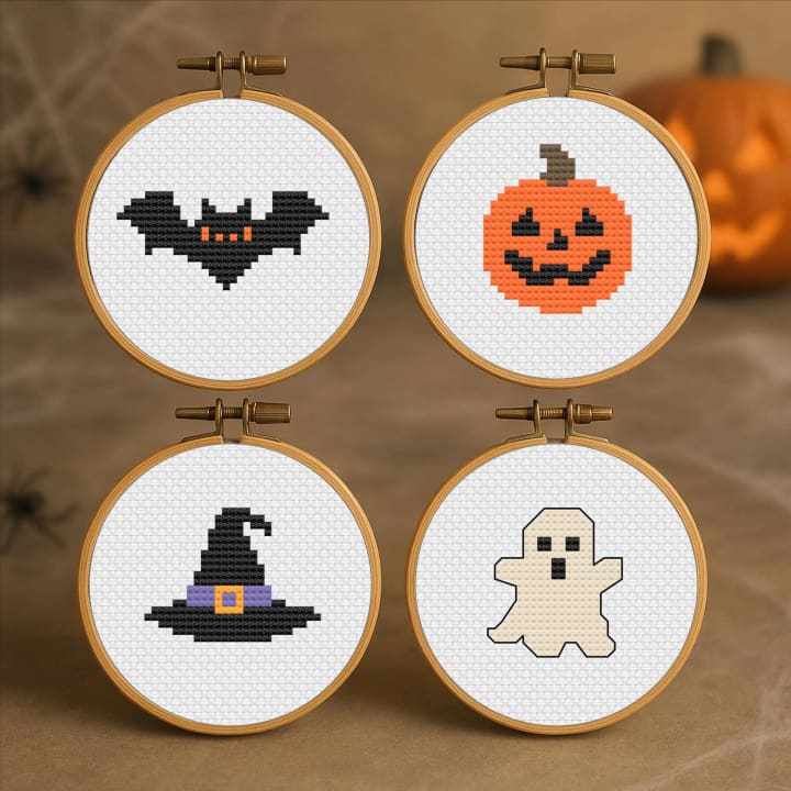 Halloween Bundle: Bat, Pumpkin, Witch Hat, Ghost cross-stitch pattern preview