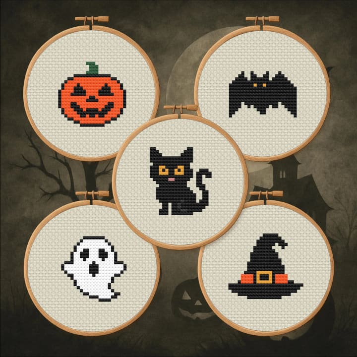 Halloween Bundle: Pumpkin, Cat, Bat, Ghost, Hat cross-stitch pattern preview