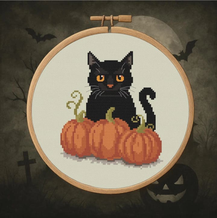 Halloween Cat with Pumpkins – Halloween cross-stitch pattern preview