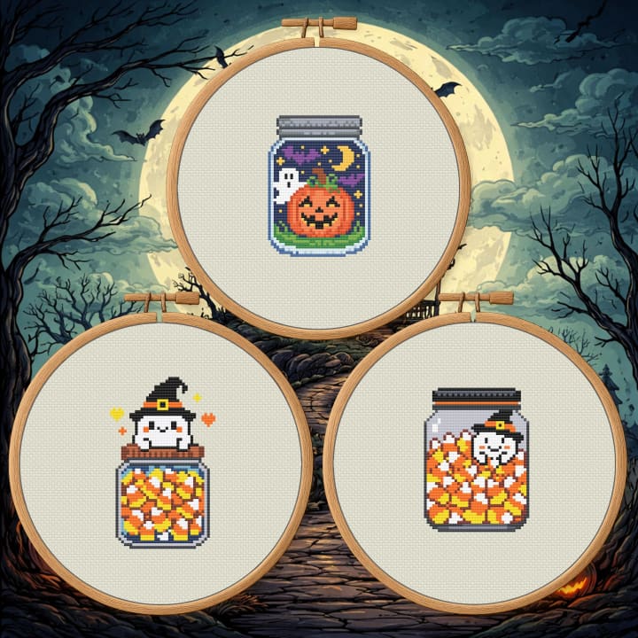 Halloween Jar Trio Bundle – Ghost & Pumpkin Jars cross-stitch pattern preview