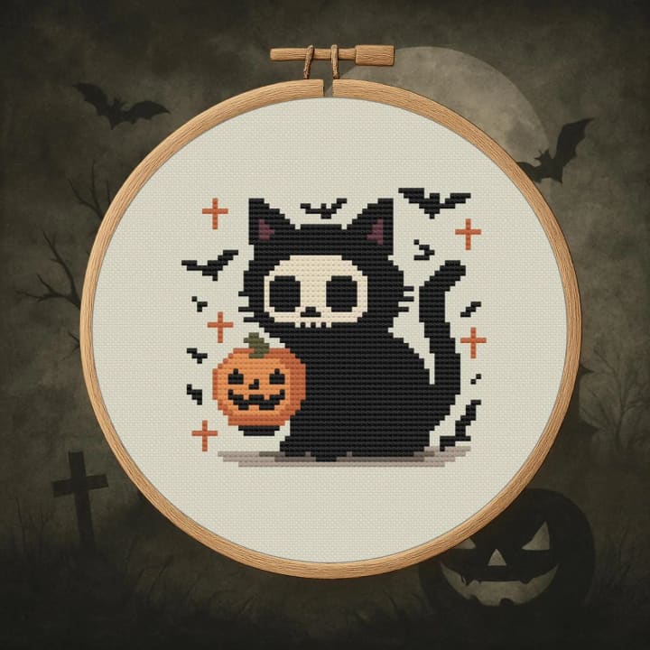 Halloween Skeleton Cat – Halloween cross-stitch pattern preview