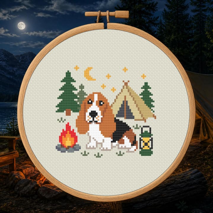 Happy Camper Hound – Basset Hound Camping cross-stitch pattern preview