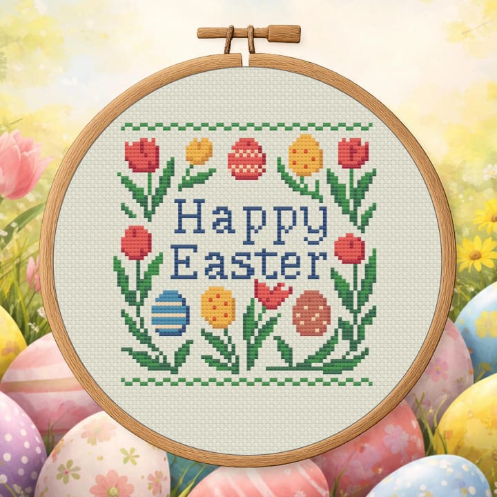 Happy Easter – Bordered Easter cross-stitch pattern preview