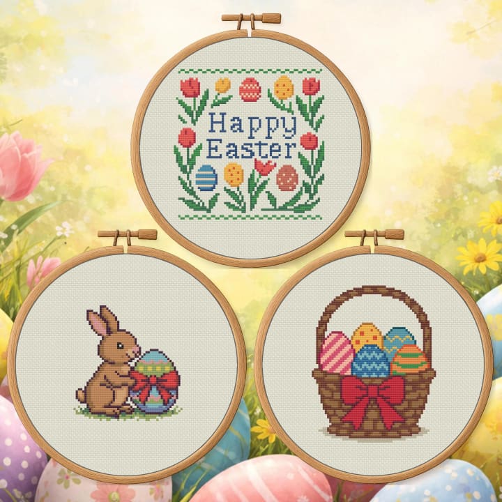 Happy Easter Trio Bundle – Happy Easter, Egg Basket & Bunny Hug –s cross-stitch pattern preview
