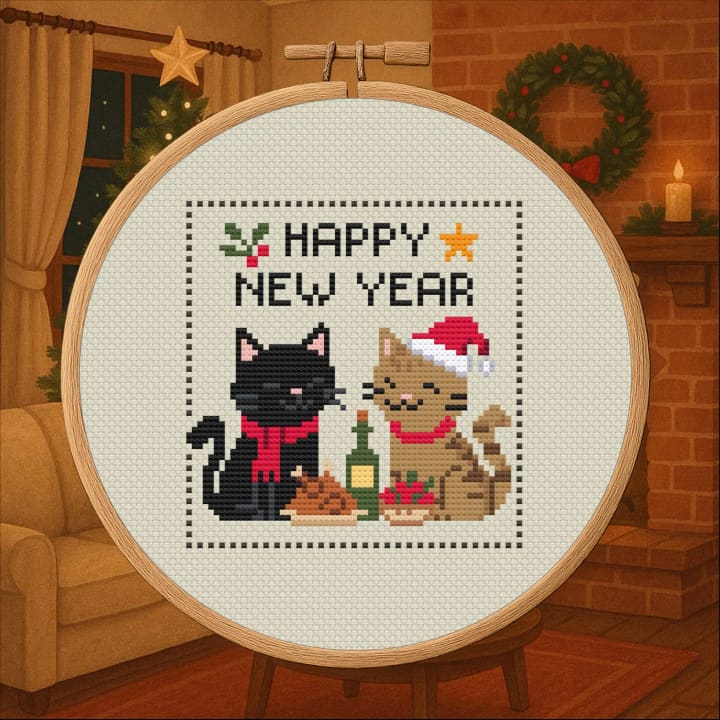 Happy New Year Cats – Festive New Year Cats cross-stitch pattern preview