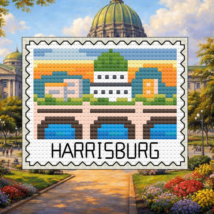 Harrisburg Bridge Sunset Stamp - Pennsylvania State Capitol cross-stitch pattern preview