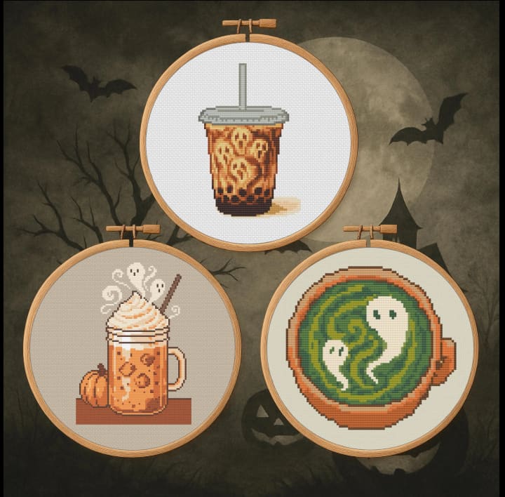 Haunted Drinks Trio – Halloween Bundle cross-stitch pattern preview