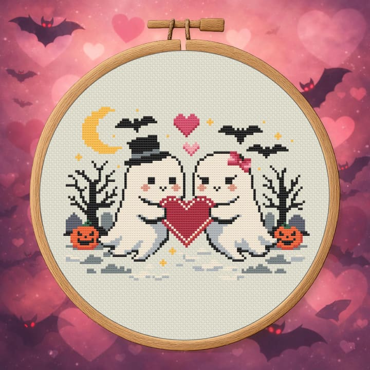 Haunted Hearts – Spooky Cute Ghost Valentine cross-stitch pattern preview