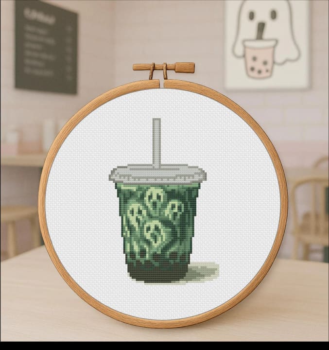 Haunted Matcha – Bubble Tea – Halloween cross-stitch pattern preview