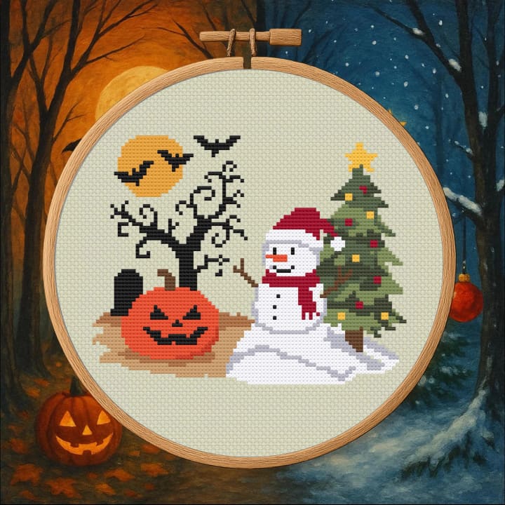 Haunted to Holly – Halloween‑to‑Christmas cross-stitch pattern preview