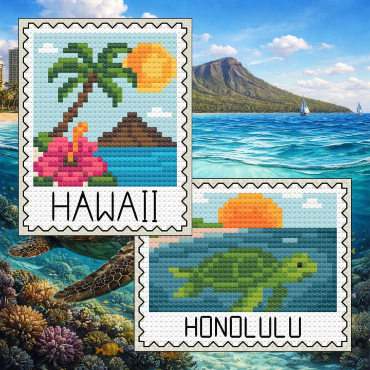 Hawaii Cross Stitch Bundle: Island Sunset & Hibiscus + Honolulu Sea Turtle Stamp cross-stitch pattern preview