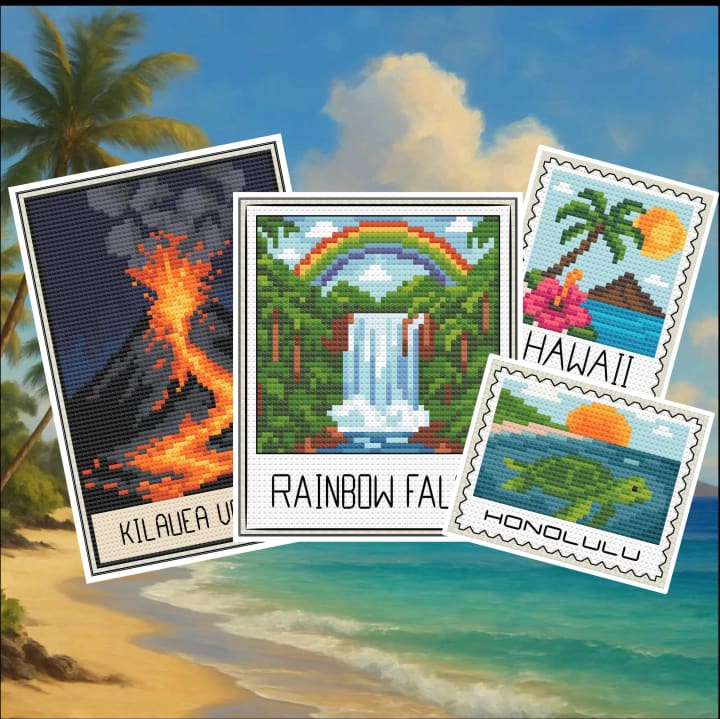 Hawaii Travel Collection – Island Stamps cross-stitch pattern preview