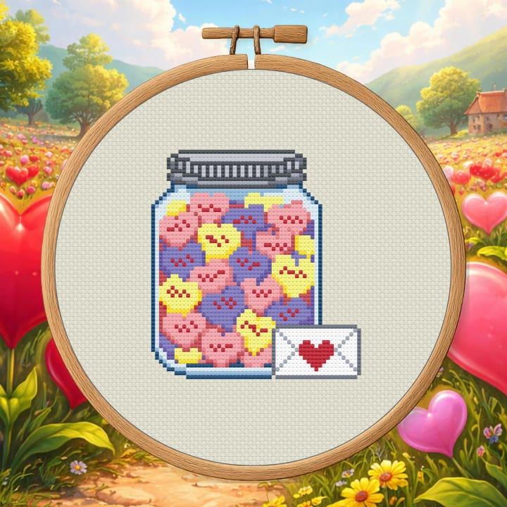 Heart-Filled Mason Jar – Valentine Candy Jar cross-stitch pattern preview